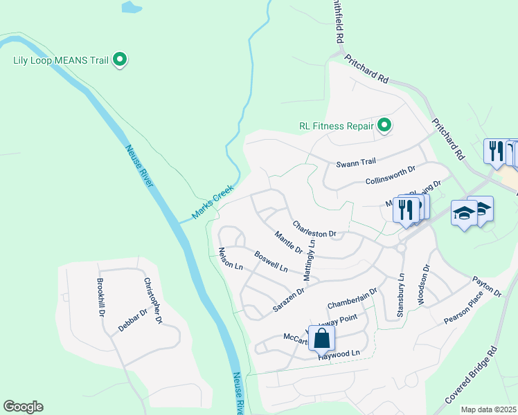 map of restaurants, bars, coffee shops, grocery stores, and more near 113 York Lane in Clayton