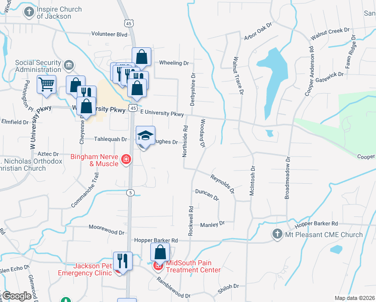 map of restaurants, bars, coffee shops, grocery stores, and more near 9 Reynolds Drive in Jackson