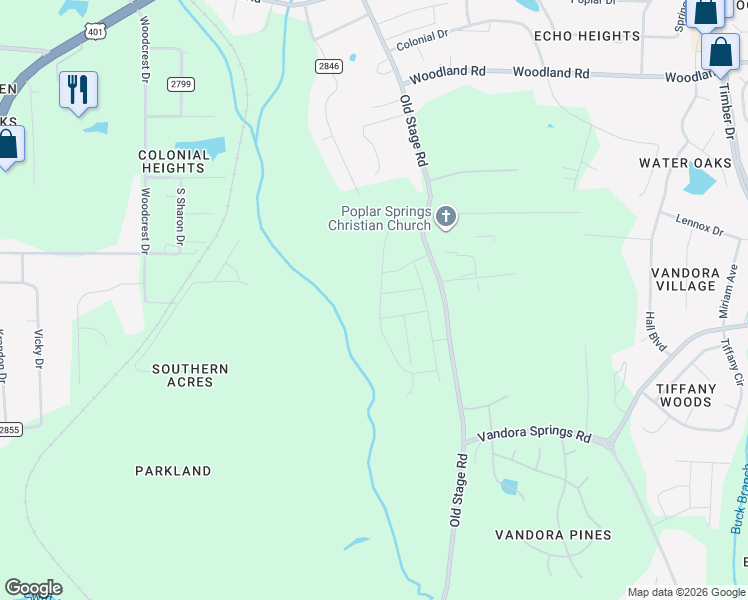 map of restaurants, bars, coffee shops, grocery stores, and more near 6310-6598 Old Stage Road in Raleigh