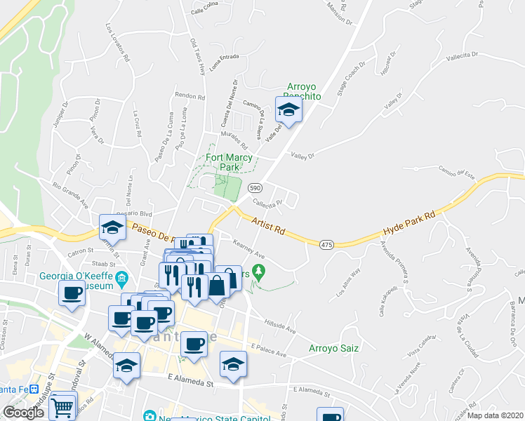 map of restaurants, bars, coffee shops, grocery stores, and more near 233 Artist Road in Santa Fe