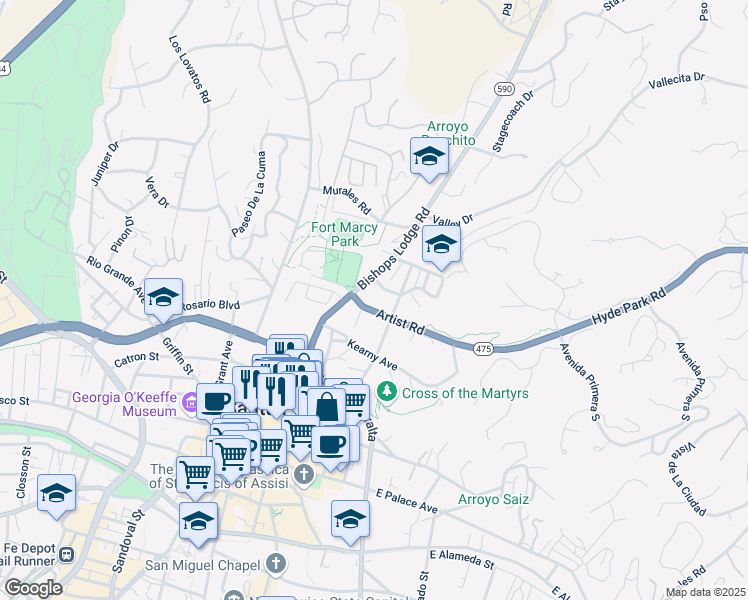 map of restaurants, bars, coffee shops, grocery stores, and more near in Santa Fe