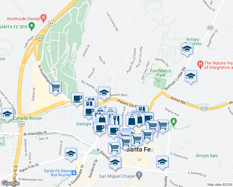 map of restaurants, bars, coffee shops, grocery stores, and more near 315 Paseo De Peralta in Santa Fe