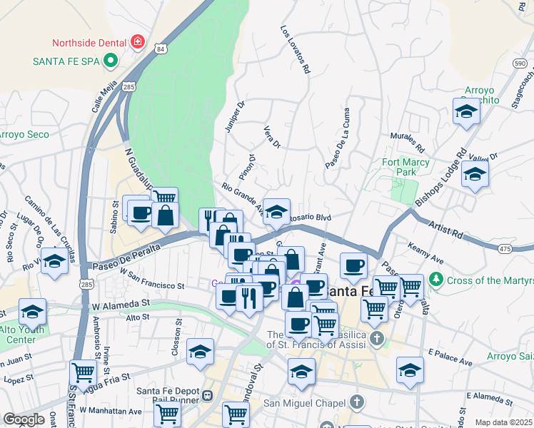 map of restaurants, bars, coffee shops, grocery stores, and more near 400 Griffin Street in Santa Fe