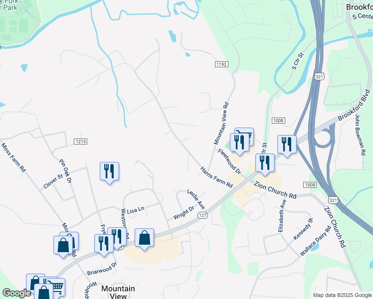 map of restaurants, bars, coffee shops, grocery stores, and more near 5137 Harris Farm Road in Hickory