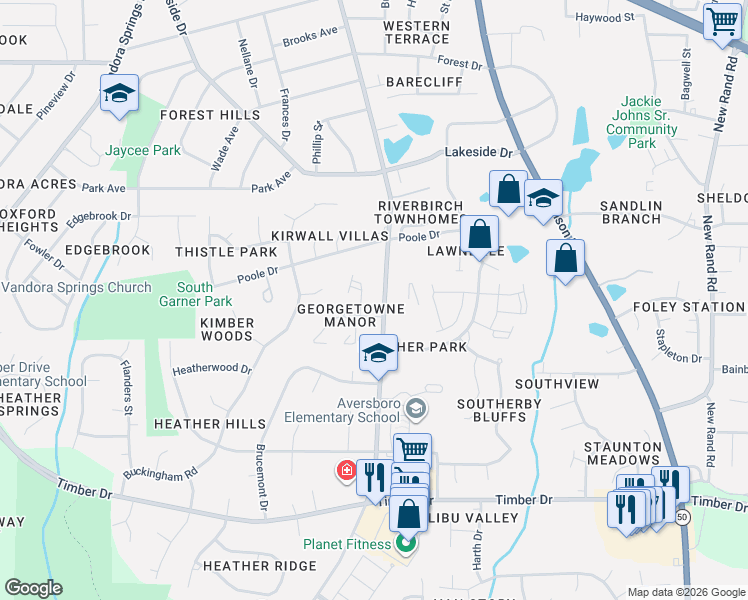 map of restaurants, bars, coffee shops, grocery stores, and more near 1433 Aversboro Road in Garner