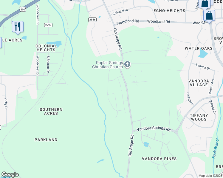 map of restaurants, bars, coffee shops, grocery stores, and more near 6310-6598 Old Stage Road in Raleigh