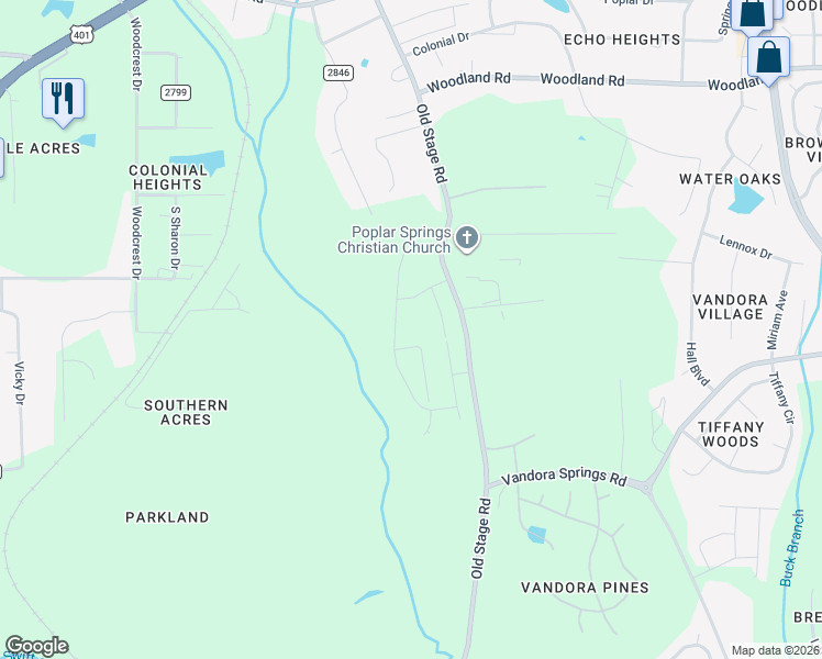 map of restaurants, bars, coffee shops, grocery stores, and more near 6310-6598 Old Stage Road in Raleigh