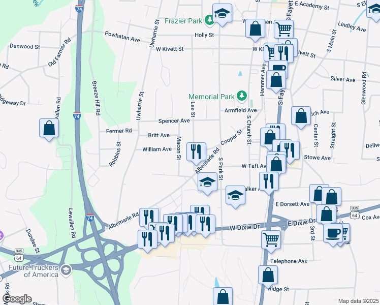 map of restaurants, bars, coffee shops, grocery stores, and more near 960 Lee Street in Asheboro