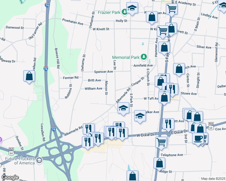map of restaurants, bars, coffee shops, grocery stores, and more near 960 Lee Street in Asheboro