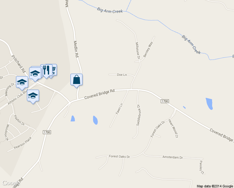 map of restaurants, bars, coffee shops, grocery stores, and more near 4534 Covered Bridge Road in Clayton