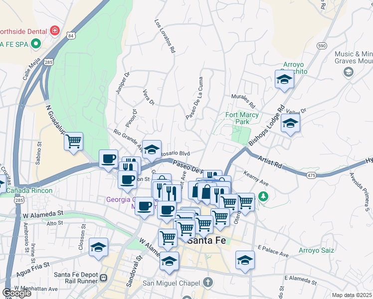 map of restaurants, bars, coffee shops, grocery stores, and more near 203 Rosario Boulevard in Santa Fe