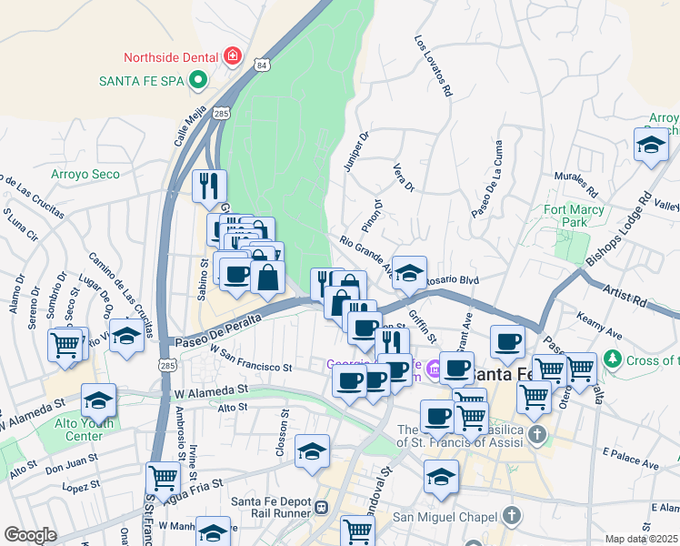 map of restaurants, bars, coffee shops, grocery stores, and more near 616 Griffin Street in Santa Fe