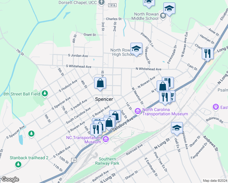map of restaurants, bars, coffee shops, grocery stores, and more near 504 2nd Street in Spencer