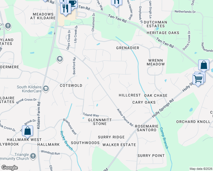 map of restaurants, bars, coffee shops, grocery stores, and more near 3500 Arthur Pierce Road in Apex