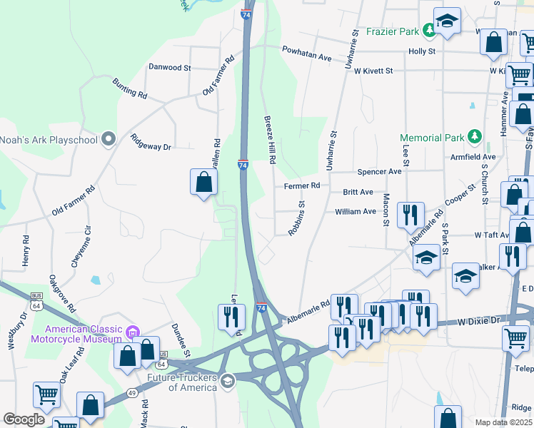 map of restaurants, bars, coffee shops, grocery stores, and more near 938 Breeze Hill Road in Asheboro