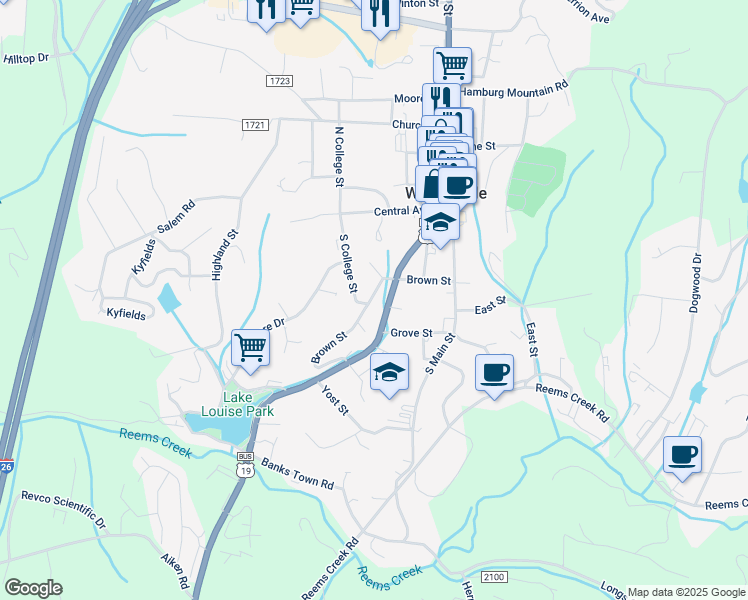 map of restaurants, bars, coffee shops, grocery stores, and more near 32 Brown Street in Weaverville