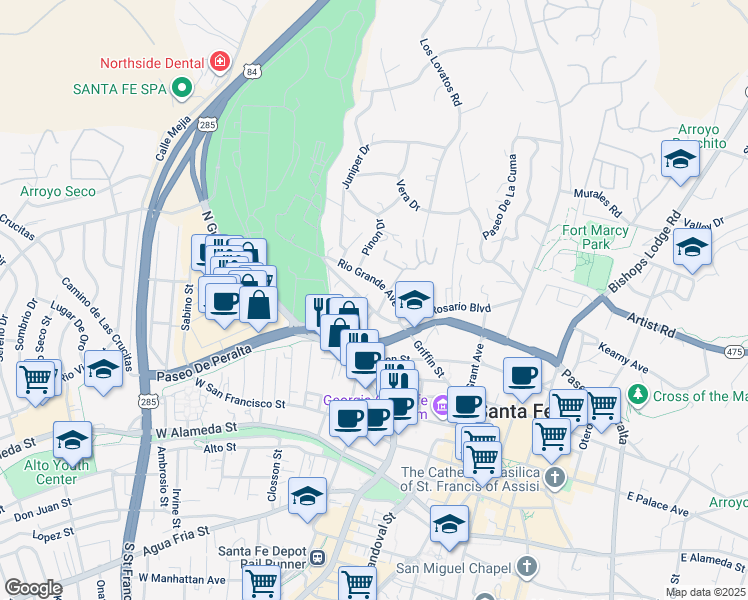 map of restaurants, bars, coffee shops, grocery stores, and more near 406 Griffin Street in Santa Fe