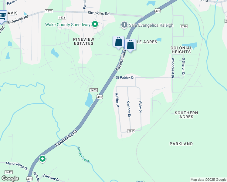 map of restaurants, bars, coffee shops, grocery stores, and more near 6304 Malibu Drive in Raleigh