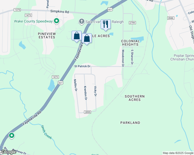 map of restaurants, bars, coffee shops, grocery stores, and more near 6113 Vicky Drive in Raleigh