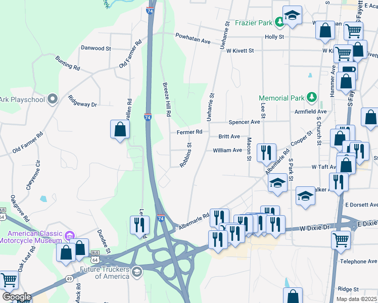 map of restaurants, bars, coffee shops, grocery stores, and more near Robbins Street in Asheboro