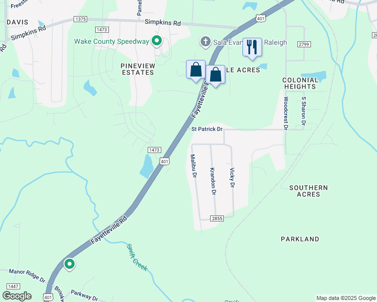 map of restaurants, bars, coffee shops, grocery stores, and more near 6304 Malibu Drive in Raleigh