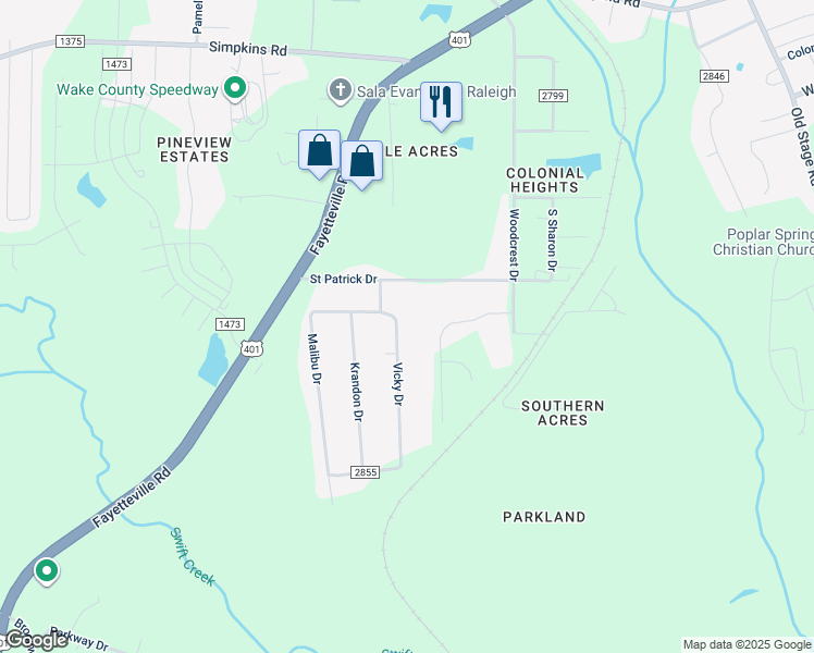 map of restaurants, bars, coffee shops, grocery stores, and more near 6113 Vicky Drive in Raleigh