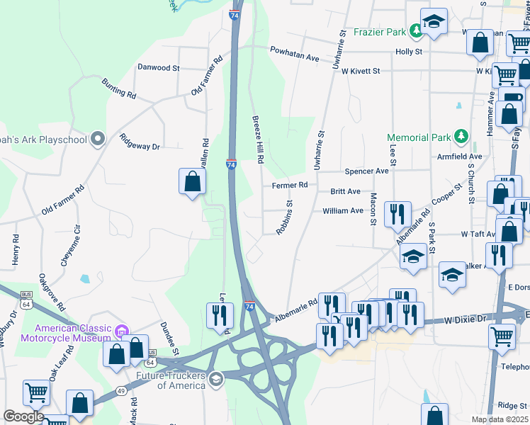map of restaurants, bars, coffee shops, grocery stores, and more near 1007 Breeze Way Court in Asheboro