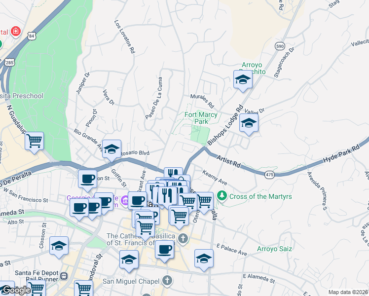 map of restaurants, bars, coffee shops, grocery stores, and more near 111 Camino Santiago in Santa Fe
