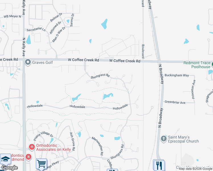 map of restaurants, bars, coffee shops, grocery stores, and more near 3821 Woodshadow Road in Edmond