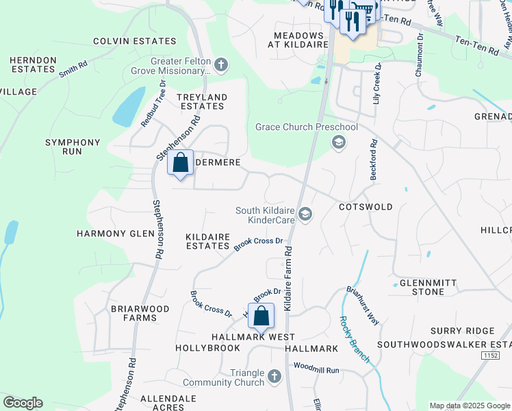 map of restaurants, bars, coffee shops, grocery stores, and more near 412 Wayfield Lane in Cary