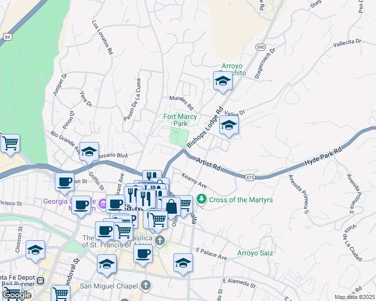 map of restaurants, bars, coffee shops, grocery stores, and more near 200 Artist Road in Santa Fe
