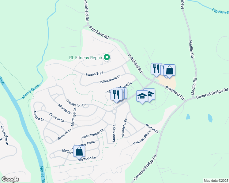 map of restaurants, bars, coffee shops, grocery stores, and more near 124 Marino Place in Clayton