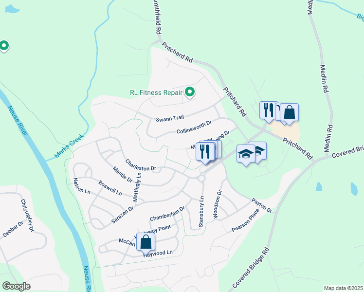 map of restaurants, bars, coffee shops, grocery stores, and more near 205 Marino Place in Clayton