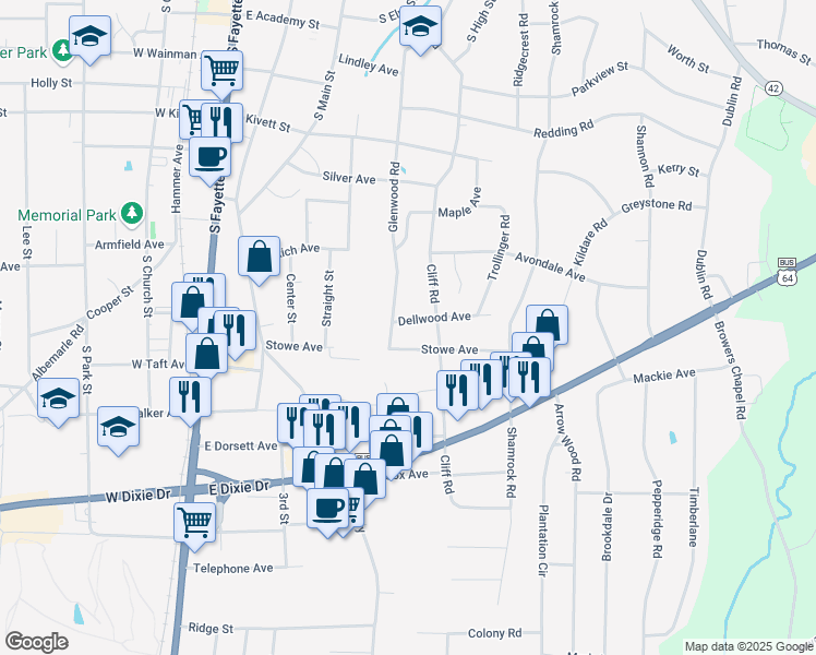 map of restaurants, bars, coffee shops, grocery stores, and more near 512 Dellwood Avenue in Asheboro