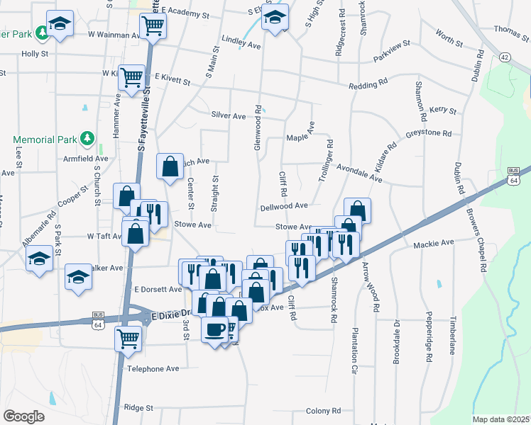 map of restaurants, bars, coffee shops, grocery stores, and more near 517 Dellwood Avenue in Asheboro