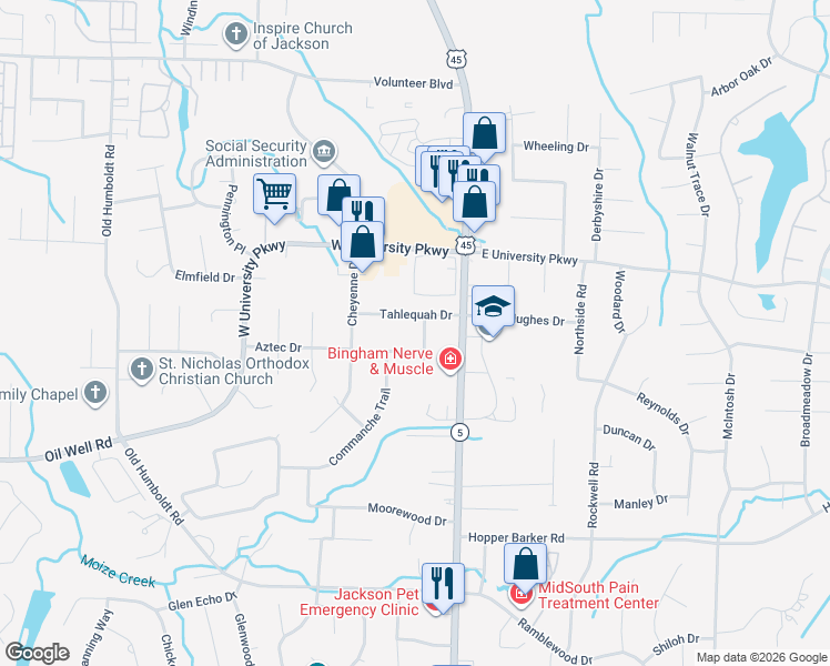 map of restaurants, bars, coffee shops, grocery stores, and more near 29 Tahlequah Drive in Jackson