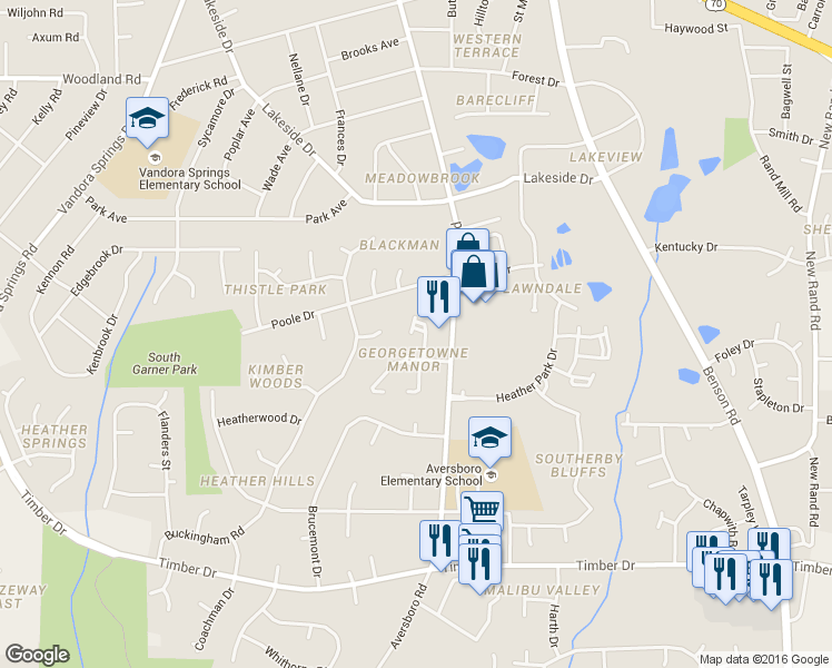 map of restaurants, bars, coffee shops, grocery stores, and more near 117 Towne View Trail in Garner