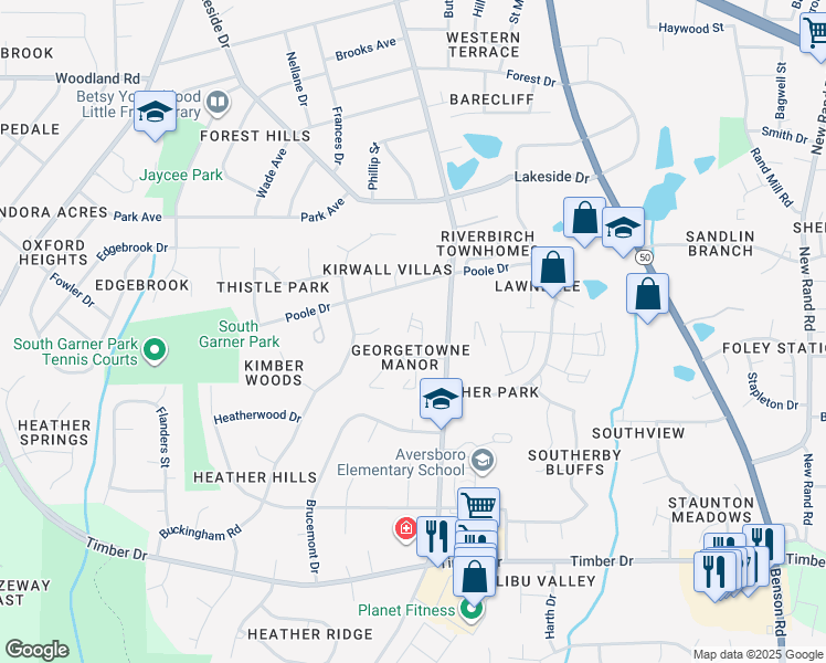 map of restaurants, bars, coffee shops, grocery stores, and more near 117 Towne View Trail in Garner