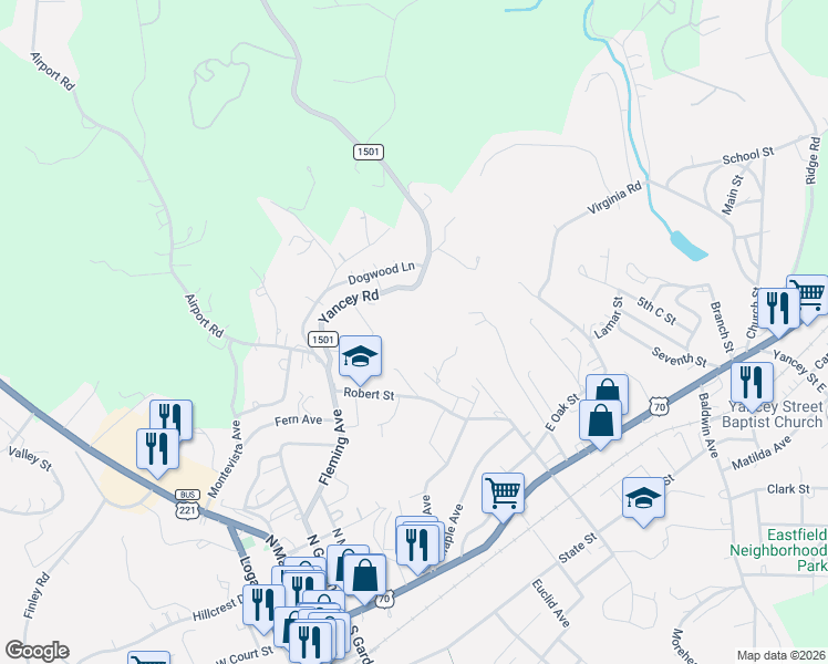 map of restaurants, bars, coffee shops, grocery stores, and more near 310 Yancey Road in Marion