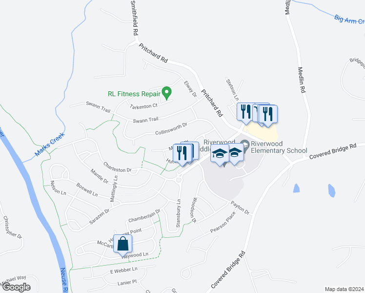 map of restaurants, bars, coffee shops, grocery stores, and more near 116 Marino Place in Clayton