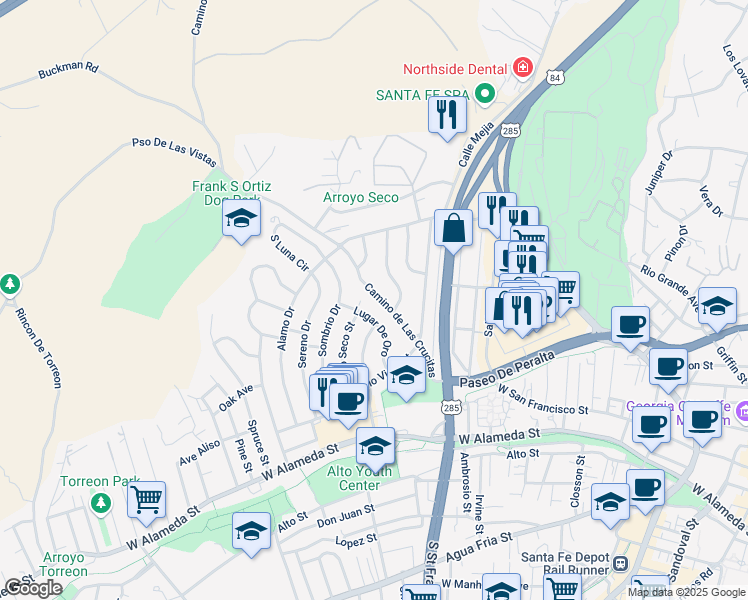 map of restaurants, bars, coffee shops, grocery stores, and more near 124 Camino de Las Crucitas in Santa Fe