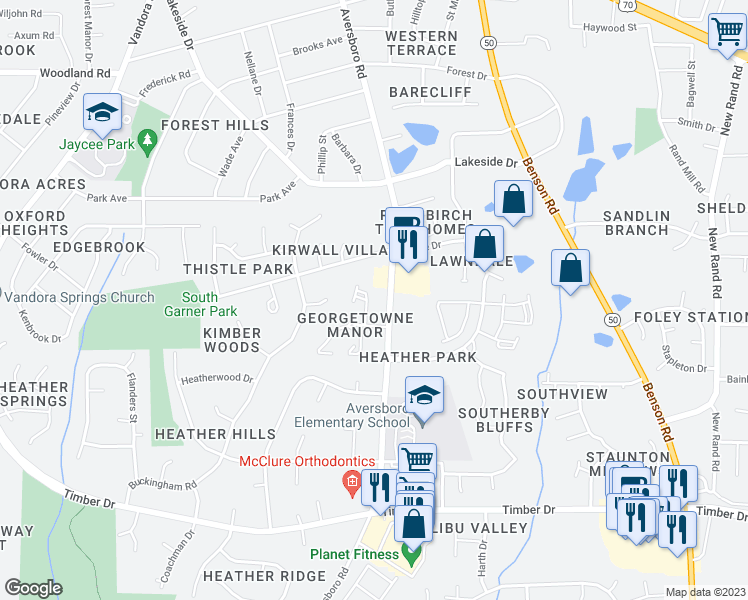 map of restaurants, bars, coffee shops, grocery stores, and more near 118 Towne View Trail in Garner