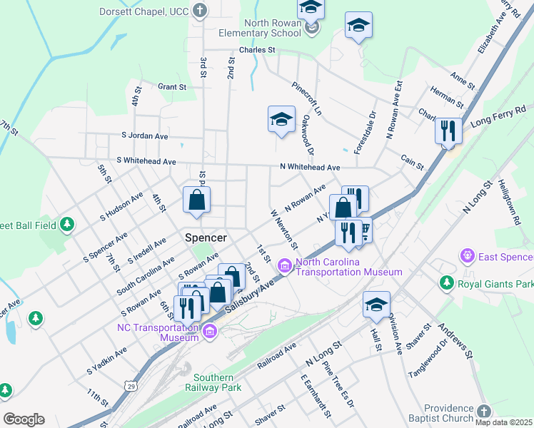 map of restaurants, bars, coffee shops, grocery stores, and more near 110 North Rowan Avenue in Spencer