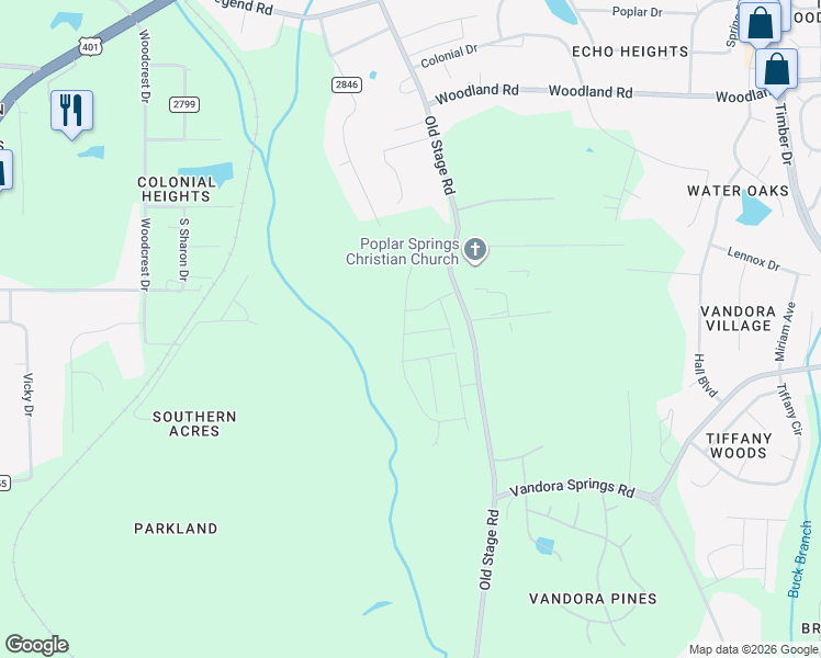 map of restaurants, bars, coffee shops, grocery stores, and more near 6115 Old Stage Road in Raleigh