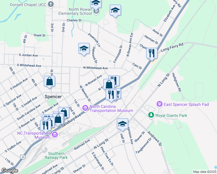 map of restaurants, bars, coffee shops, grocery stores, and more near 306 North Yadkin Avenue in Spencer