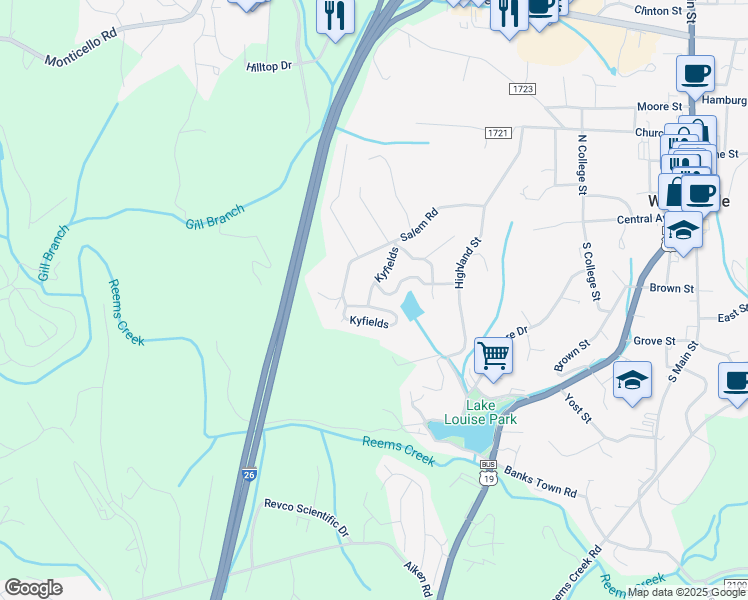 map of restaurants, bars, coffee shops, grocery stores, and more near 129 Kyfields in Weaverville