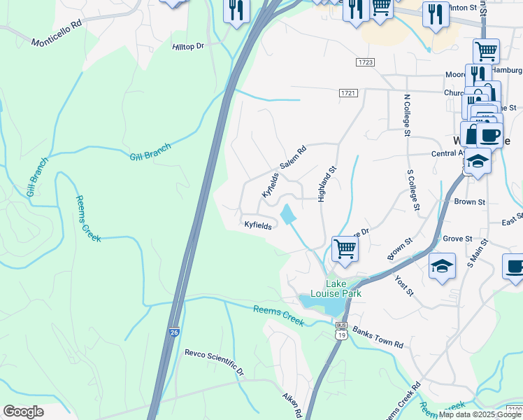 map of restaurants, bars, coffee shops, grocery stores, and more near 129 Kyfields in Weaverville