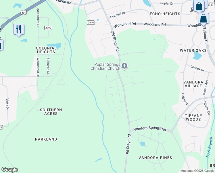 map of restaurants, bars, coffee shops, grocery stores, and more near 6115 Old Stage Road in Raleigh