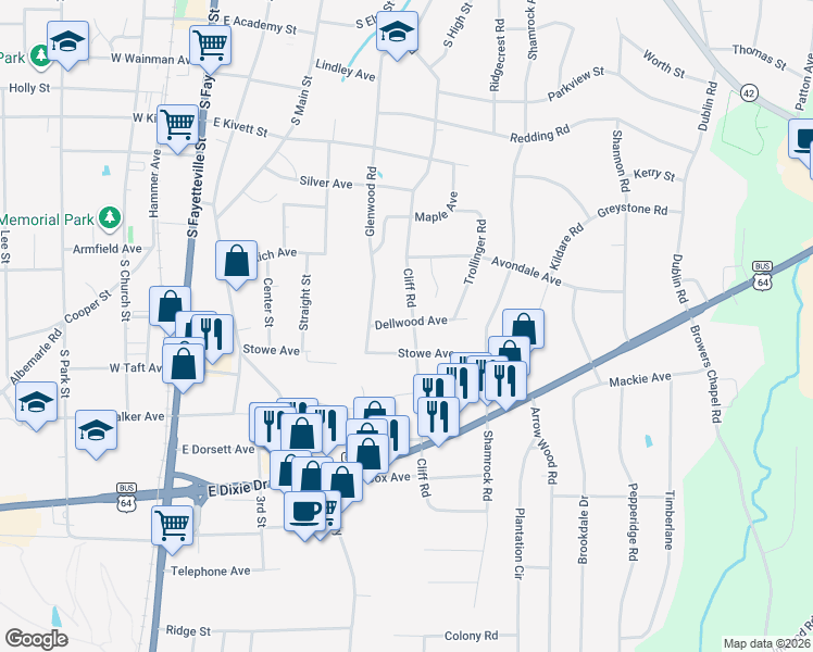 map of restaurants, bars, coffee shops, grocery stores, and more near 517 Dellwood Avenue in Asheboro