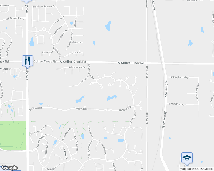 map of restaurants, bars, coffee shops, grocery stores, and more near 3801 Woodshadow Road in Edmond